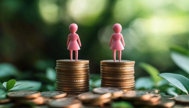 Two pink female figurines standing on equal stacks of coins amid soft green bokeh, symbolizing financial equality and empowerment