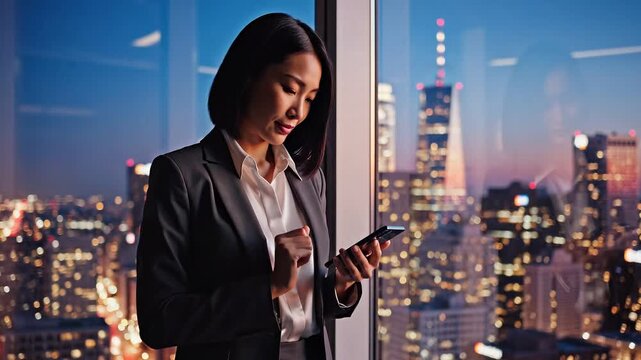Data Protection multi factor concepts. Focused Asian businesswoman at office window using smartphone for corporate multi factor data protection ensuring confident secure night city skyline protocol