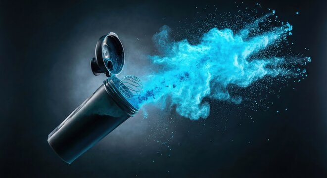 Neon blue pre-workout powder exploding from shaker bottle