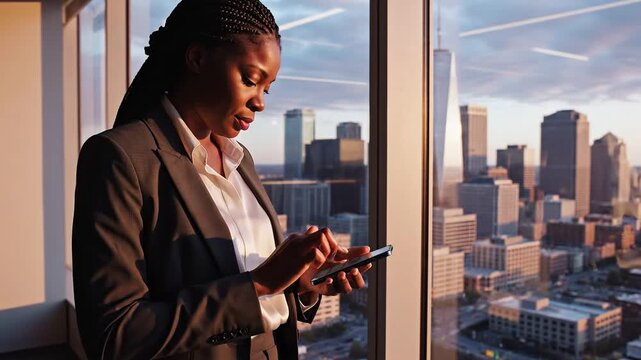 Data Protection multi factor concepts. Confident businesswoman stands by office window checking smartphone multi factor authentication for secure data protection against sunset city skyline
