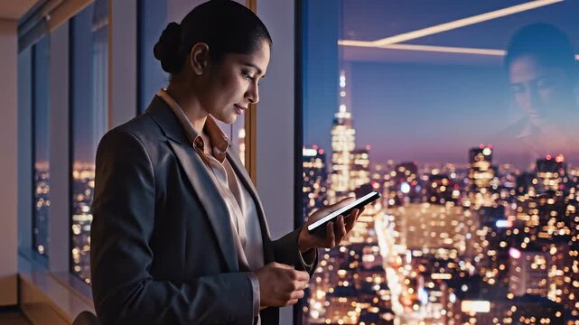 Data Protection multi factor concepts. Focused businesswoman uses tablet in dark office near window viewing night city skyline ensuring network data protection with secure multi factor authentication