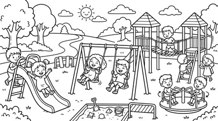 Fototapeta premium Children playing on outdoor playground equipment.