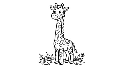 Smiling Cartoon Giraffe Standing Alone. © Siwit