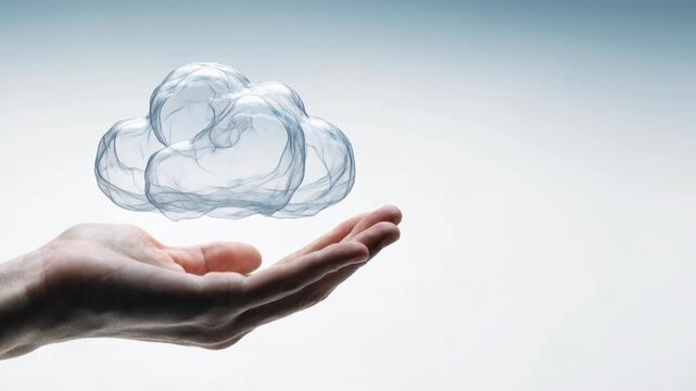 Hand holding translucent cloud symbolizing digital storage innovation and cloud connection for data
