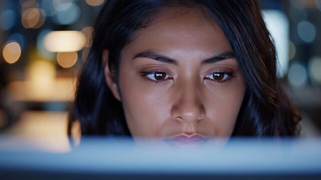 Data Protection multi factor concepts. Serious focused woman looking at bright computer screen late night in dark office ensuring complex data protection system multi factor authentication network