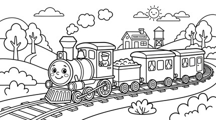 Smiling cartoon train engine with carriages. © Siwit