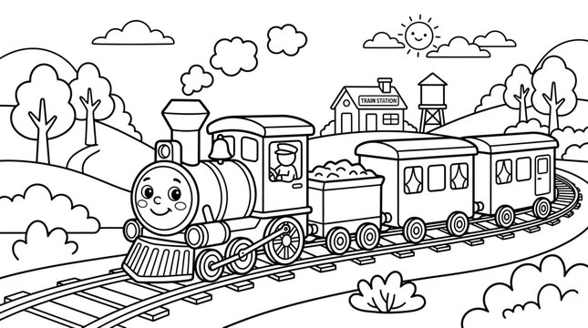 Smiling cartoon train engine with carriages.