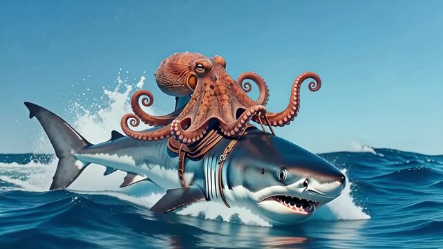 A large octopus sits astride a shark and controls it very deftly