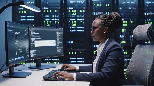 Data Protection multi factor concepts. Dedicated focused woman working diligently on monitor and keyboard inside modern dark secure server room configuring multi factor data authentication network