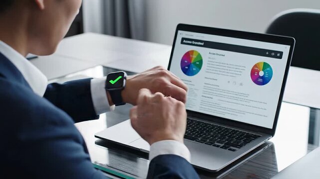 Data Protection multi factor concepts. Focused businessman checking smartwatch verification for multi factor authentication ensuring secure data protection during laptop analytics network login
