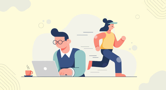 Male working on laptop near steaming coffee, female runner in motion