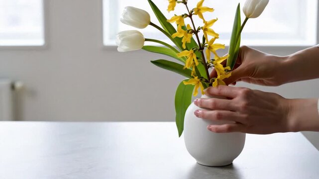 Professional hands arranging a minimalist Easter floral centerpiece with yellow forsythia and white tulips in a white vase. Ideal for small business, floristry, and spring decor marketing.