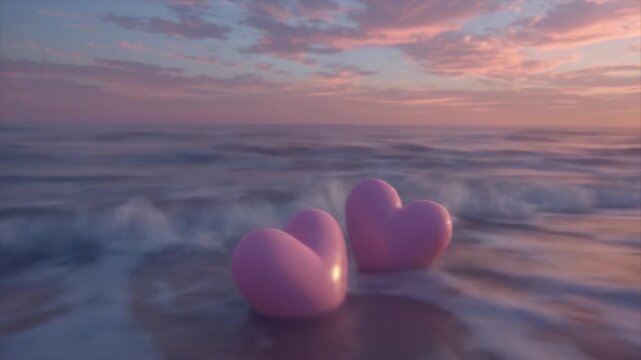 Pink abstract shape floating in ocean waves with dramatic sunset sky