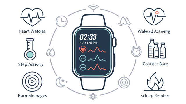 Smartwatch health and fitness features infographic illustrating comprehensive activity tracking, heart rate monitoring, and sleep analysis for a modern digital lifestyle