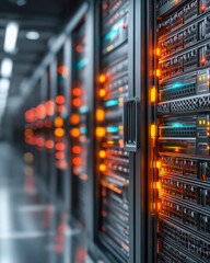 Close-up of server rack front panel with ventilation grid and subtle LED lights in modern data center