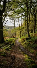 Obraz premium Sunlit Path Through a Lush Green Forest Landscape.