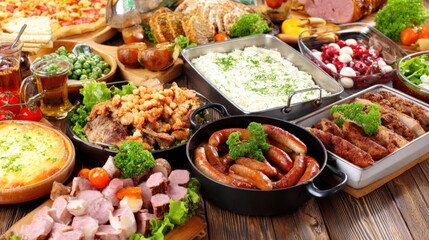 Abundant buffet table with assorted meats, sausages, casseroles, salads, and side dishes served family-style on a rustic wooden table,