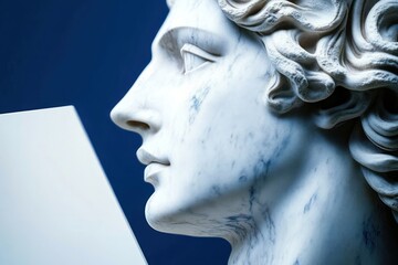 Naklejka premium close-up of classical marble bust in profile holding a white rectangular tablet against a deep blue background, detailed carved curls and a serene contemplative expression