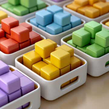 3D resource allocation workflow icon with stacked blocks sorted into three bins