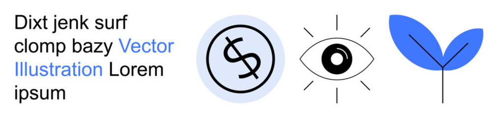 Financial planning, creativity, eco-friendly concepts, digital assets, vision, sustainability. Dollar sign, eye and minimalist leaf symbols in blue and black. Financial planning and creativity © robu_s