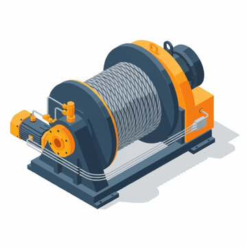 Isometric illustration of a heavy-duty industrial electric winch with a thick steel cable wound around its drum, mounted on a sturdy base.