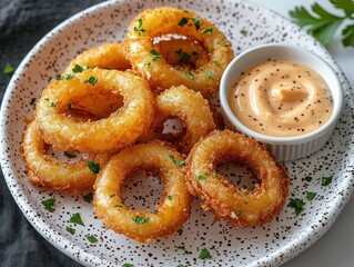 Naklejka premium golden crispy fried onion rings on a speckled plate with creamy peppered dipping sauce and parsley garnish, appetizing and comforting