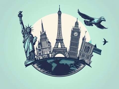 Global travel collage featuring torch-bearing statue, skyscrapers, Eiffel Tower, clock tower, gothic cathedral, half-earth globe, sun disk and soaring birds conveying adventure and wanderlust