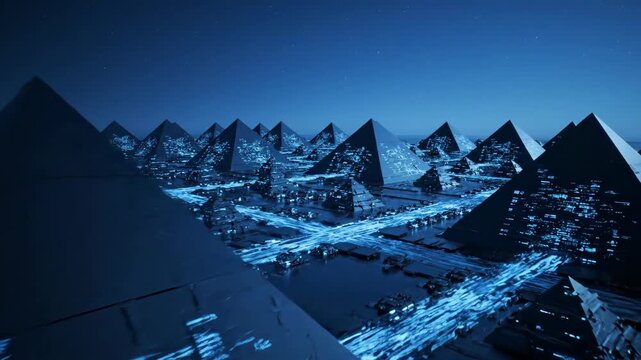 Futuristic pyramids technology concept, Egypt landscape, nighttime view with blue color, pyramid shape architecture.