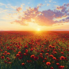 Fototapeta premium Vast field of red poppies under a glowing sunrise with golden light and dramatic clouds, evoking peaceful awe