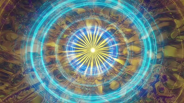 Abstract glowing concentric circles, light beams and swirling shapes on patterned background