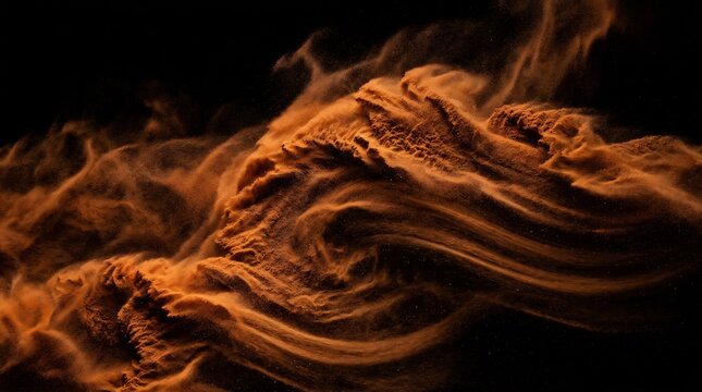 Swirling cloud of thick, textured, dark orange smoke or dust forms a dramatic wave pattern across a completely black void.