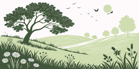 Fototapeta premium A tree on a grassy hill with dandelions and birds flying overhead Vector