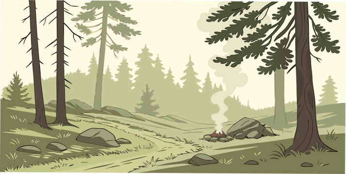 A forest scene with trees and a dirt path Vector