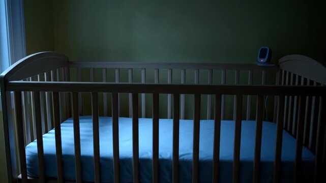 Empty baby crib with baby monitor in dark room, baby, monitor, room, crib, dark, night