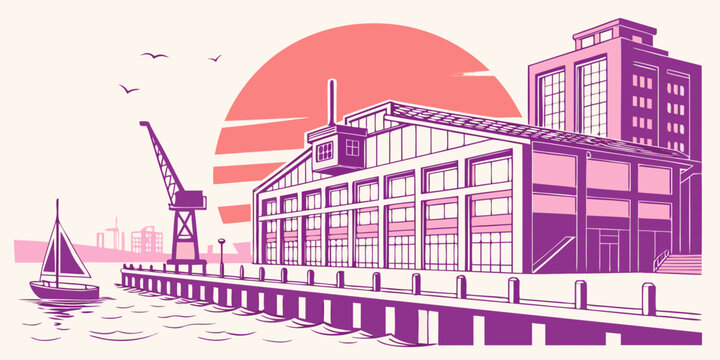 A purple illustration of a city waterfront at sunset Vector