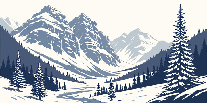 Snowy mountain range with pine trees in the foreground Vector