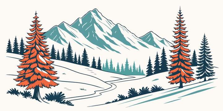 A snowy mountain landscape with evergreen trees Vector