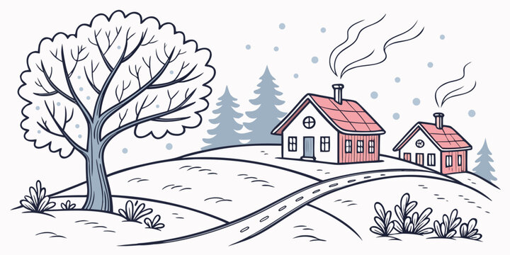 A snowy landscape with a house and a tree Vector