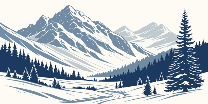A snowy mountain landscape with trees and mountains Vector