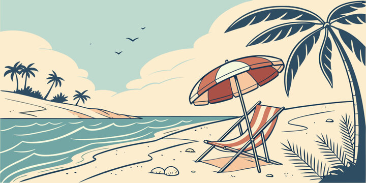 A beach scene with a palm tree and a red umbrella Vector