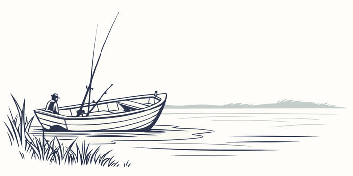 A man in a small boat on the water with a fishing rod Vector