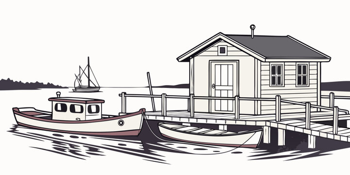 A small boat next to a house on a dock Vector