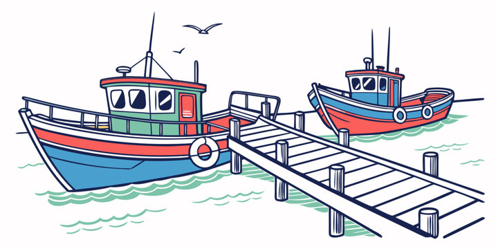 Two fishing boats are docked at a pier Vector