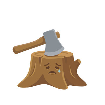 Cartoon tree stump with axe on top crying sad face emotion