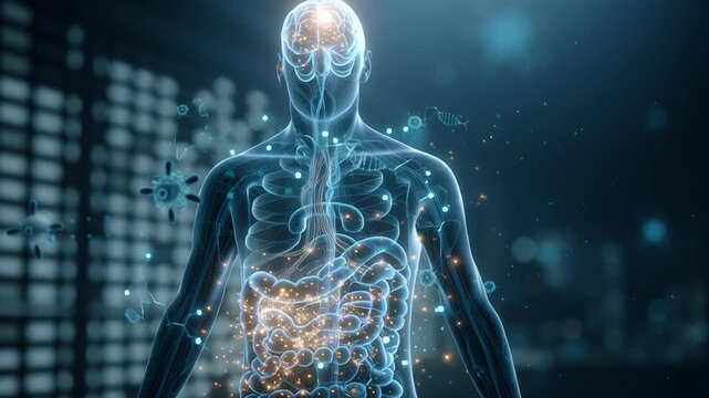 A futuristic half-body upper torso silhouette of a man against a dark sci-tech background. The transparent body reveals a glowing gut microbiome system in the abdomen, filled with luminous bacteria 