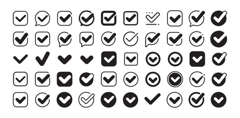 Fototapeta premium Large set of black and white check mark icons in various styles against a white background