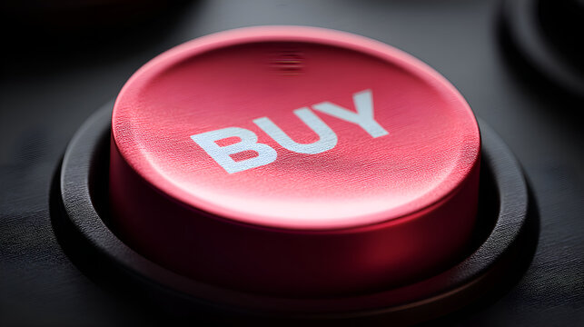 Red buy button illuminating purchasing decision concept