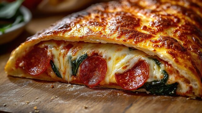golden baked stuffed pizza turnover with melted mozzarella, pepperoni and spinach oozing from a crisp crust, warm and indulgent