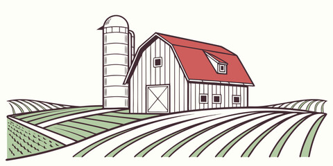 A red roofed barn next to a silo in a field Vector © MST NASIMA KHATUM