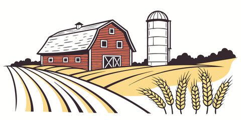 A red barn with a silo and fields of wheat Vector © MST NASIMA KHATUM